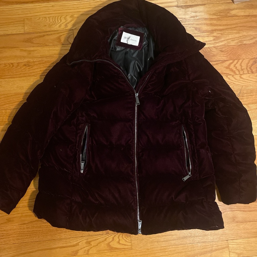BCBG wine velvet puffer coat
